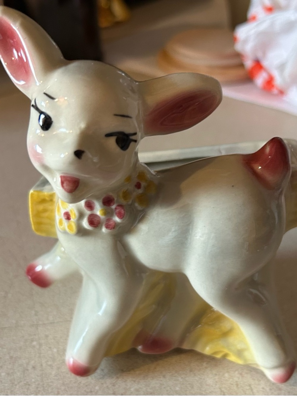 Ceramic Lamb Figurine in White with Pink and Yellow Accents